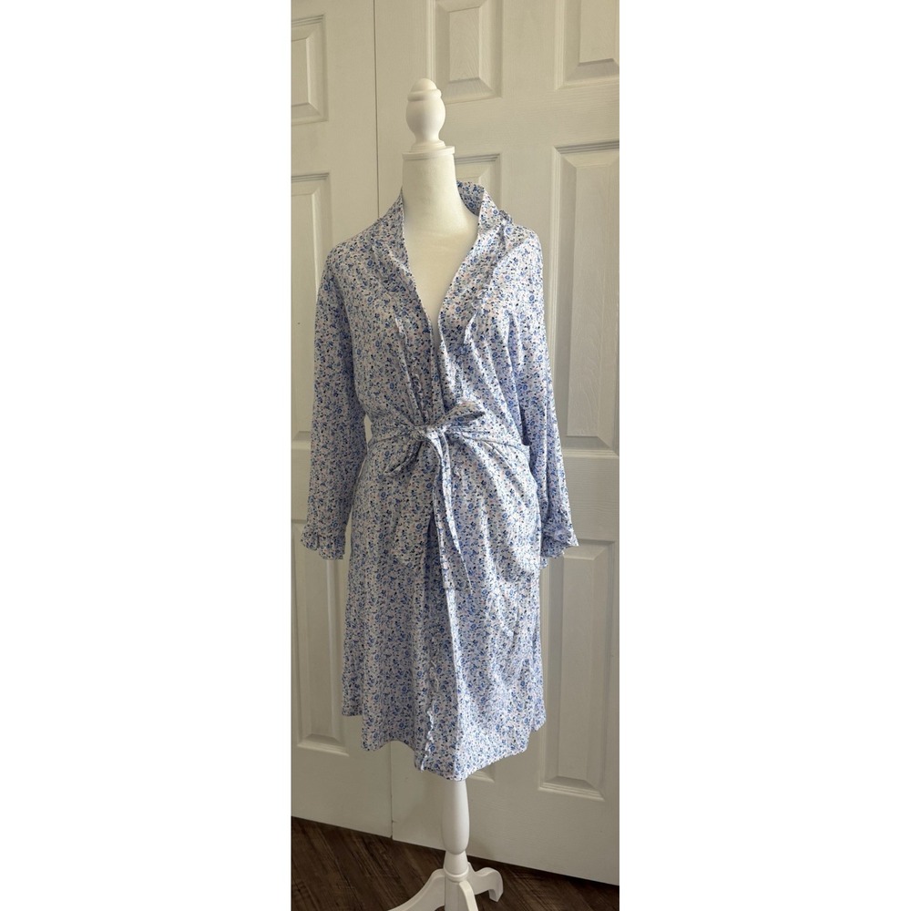NWT Eileen West Robe Womens S/M Blue Floral Cotton Tie Belt Cottage Ruffles